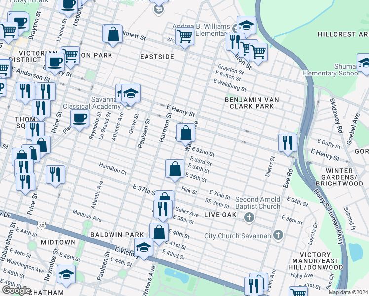 map of restaurants, bars, coffee shops, grocery stores, and more near 1601 Waters Avenue in Savannah
