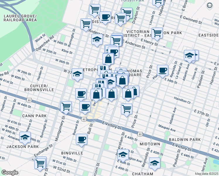 map of restaurants, bars, coffee shops, grocery stores, and more near 105 East 37th Street in Savannah