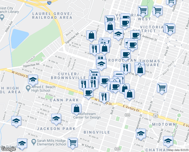 map of restaurants, bars, coffee shops, grocery stores, and more near 2299 Montgomery Street in Savannah