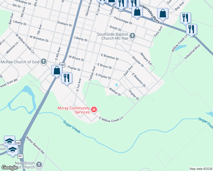 map of restaurants, bars, coffee shops, grocery stores, and more near 47 Walnut Street in McRae-Helena