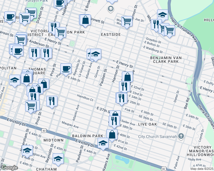 map of restaurants, bars, coffee shops, grocery stores, and more near 817 East 33rd Street in Savannah
