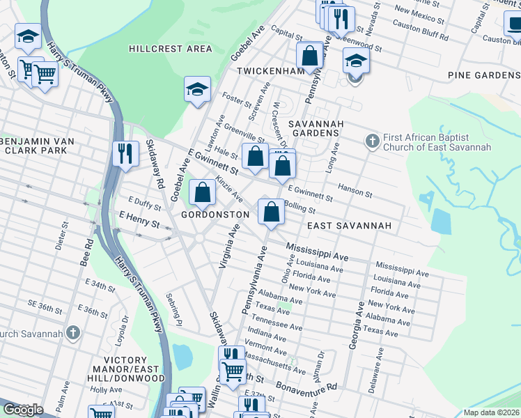 map of restaurants, bars, coffee shops, grocery stores, and more near 408 Kinzie Avenue in Savannah