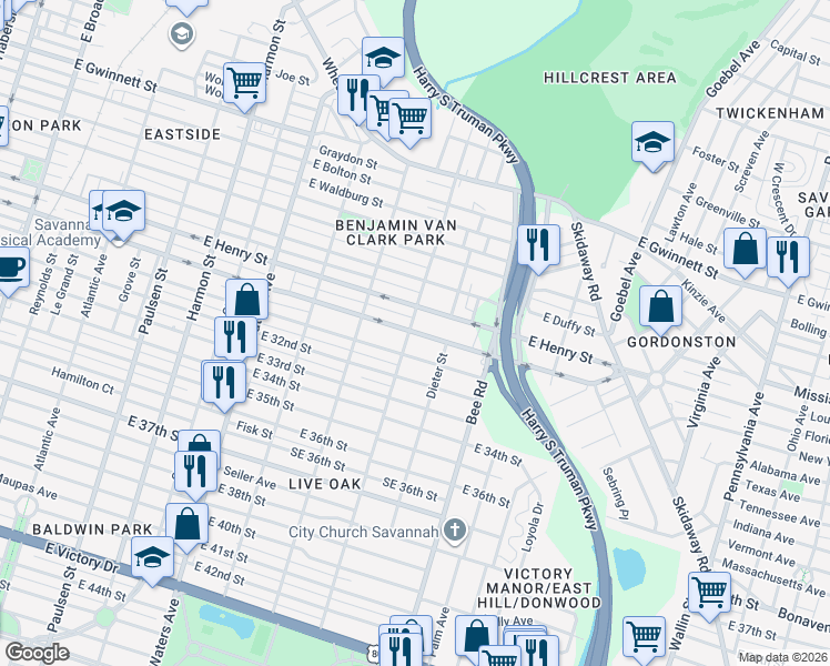 map of restaurants, bars, coffee shops, grocery stores, and more near 1414 East Anderson Street in Savannah