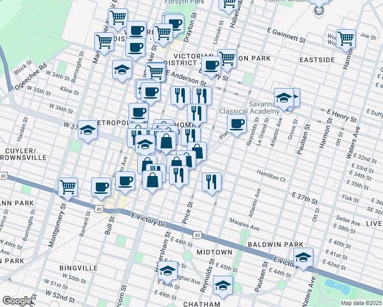 map of restaurants, bars, coffee shops, grocery stores, and more near 312 East 37th Street in Savannah