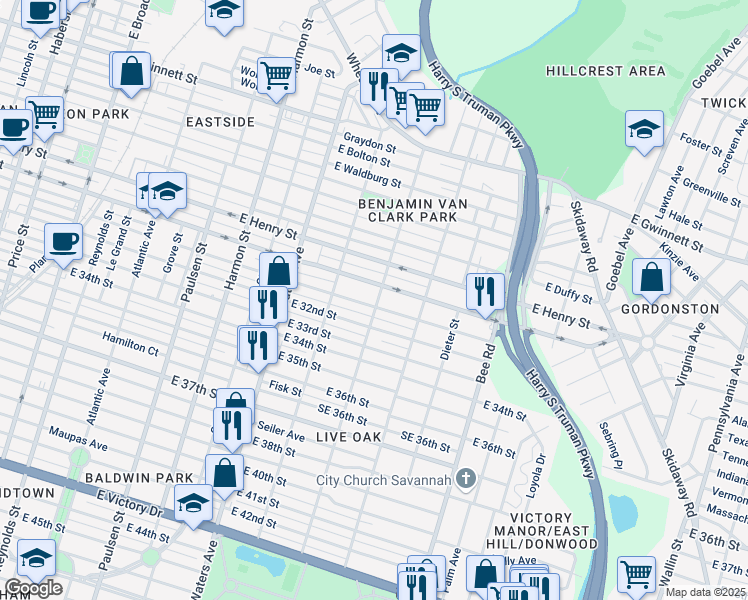 map of restaurants, bars, coffee shops, grocery stores, and more near 1304 East 31st Street in Savannah