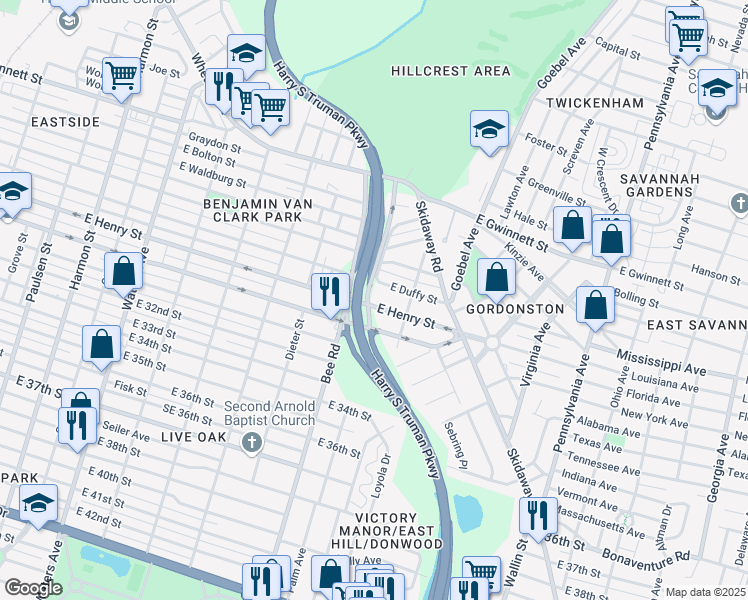 map of restaurants, bars, coffee shops, grocery stores, and more near 1602 East Henry Street in Savannah