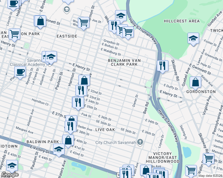 map of restaurants, bars, coffee shops, grocery stores, and more near 1304 East 31st Street in Savannah