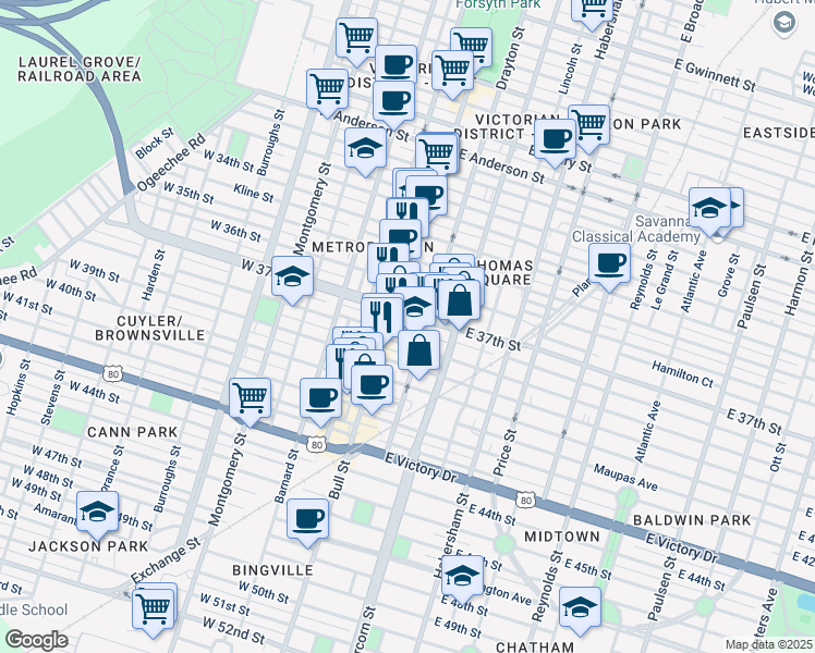 map of restaurants, bars, coffee shops, grocery stores, and more near 17 East 37th Street in Savannah