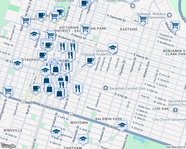 map of restaurants, bars, coffee shops, grocery stores, and more near 1905 Reynolds Street in Savannah