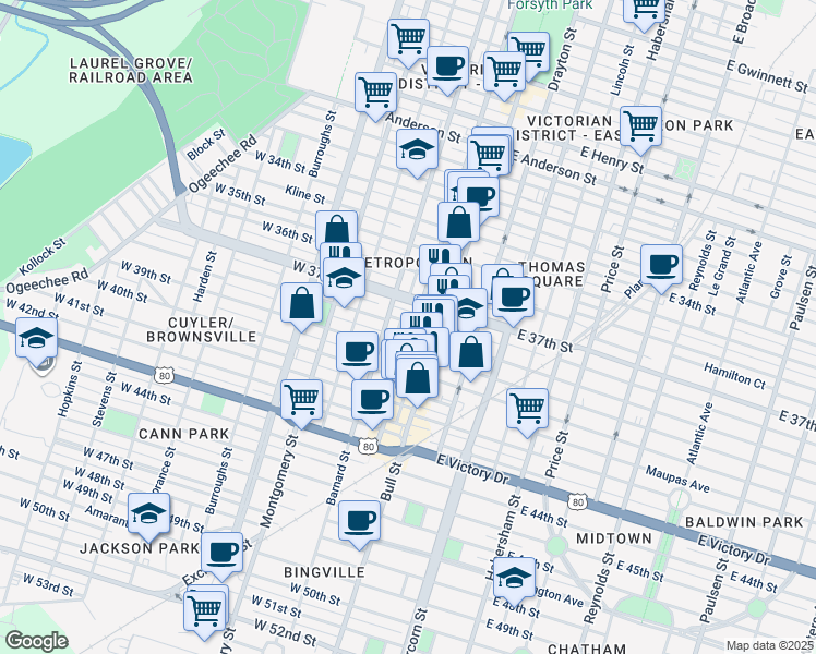 map of restaurants, bars, coffee shops, grocery stores, and more near 2215 Whitaker Street in Savannah