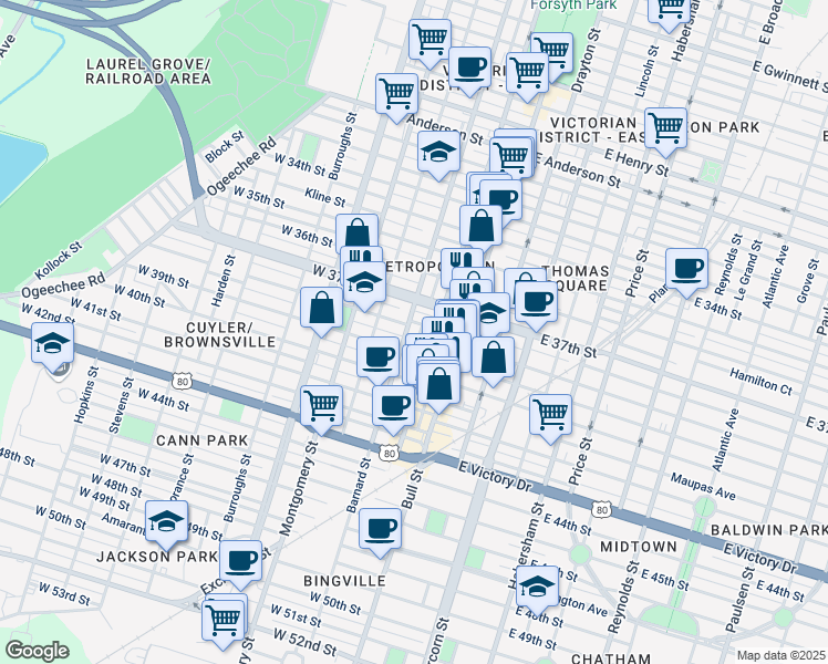 map of restaurants, bars, coffee shops, grocery stores, and more near 2215 Whitaker Street in Savannah