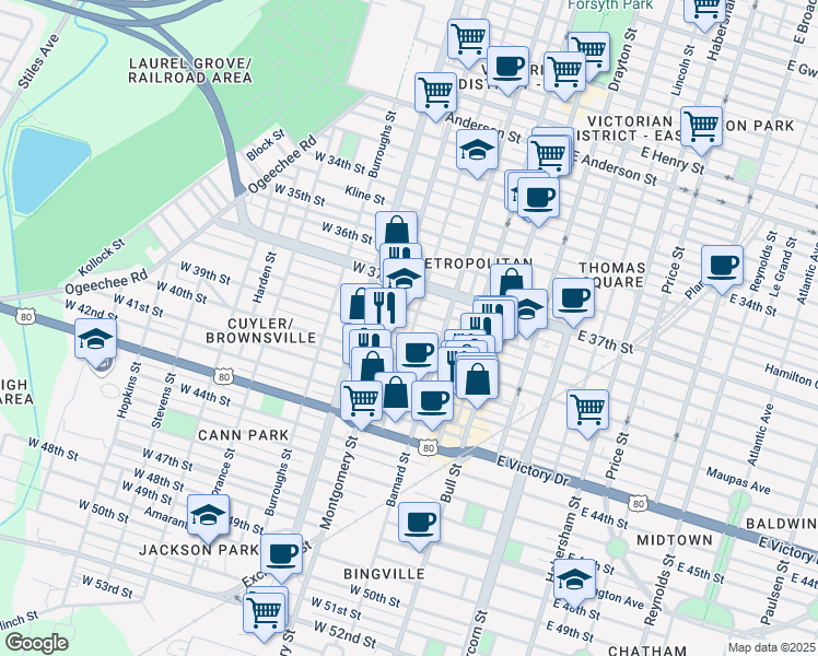 map of restaurants, bars, coffee shops, grocery stores, and more near 212 West 39th Street in Savannah