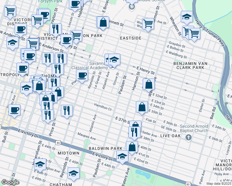 map of restaurants, bars, coffee shops, grocery stores, and more near 1711 Vine Street in Savannah