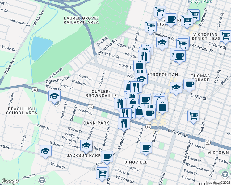 map of restaurants, bars, coffee shops, grocery stores, and more near 610 West 40th Street in Savannah