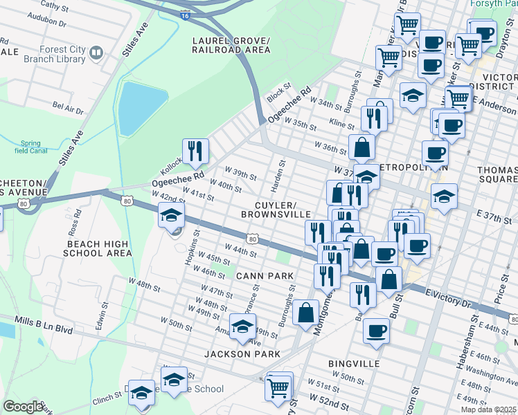 map of restaurants, bars, coffee shops, grocery stores, and more near 814 West 41st Street in Savannah