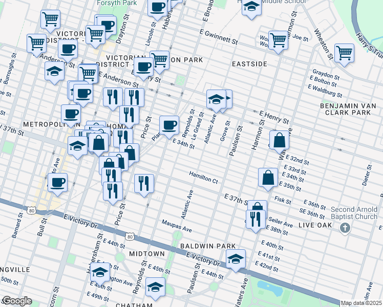 map of restaurants, bars, coffee shops, grocery stores, and more near 638 East 35th Street in Savannah