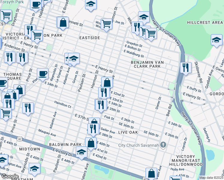 map of restaurants, bars, coffee shops, grocery stores, and more near 1601 Waters Avenue in Savannah