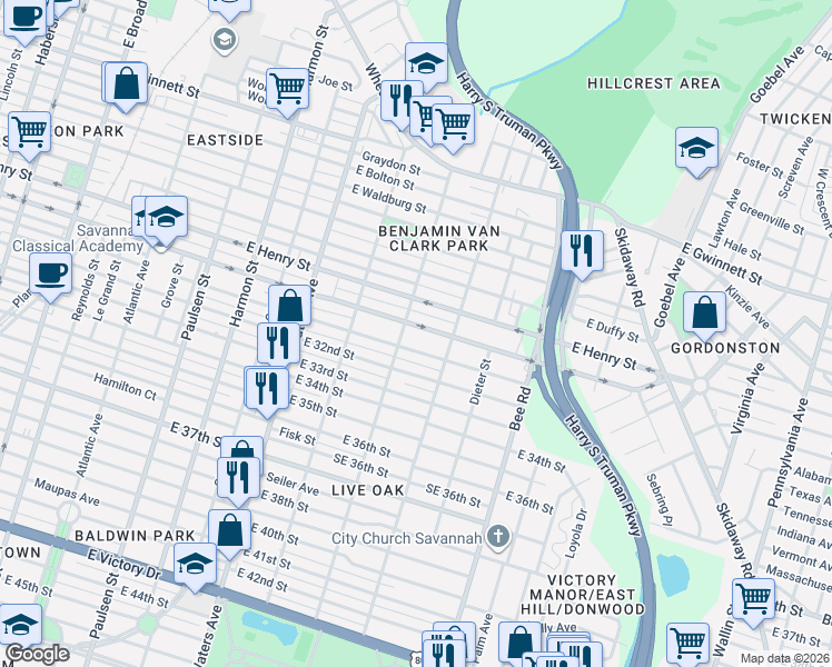 map of restaurants, bars, coffee shops, grocery stores, and more near 1304 East 31st Street in Savannah