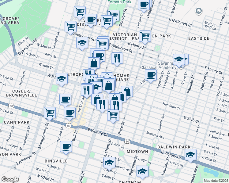 map of restaurants, bars, coffee shops, grocery stores, and more near 222 East 37th Street in Savannah