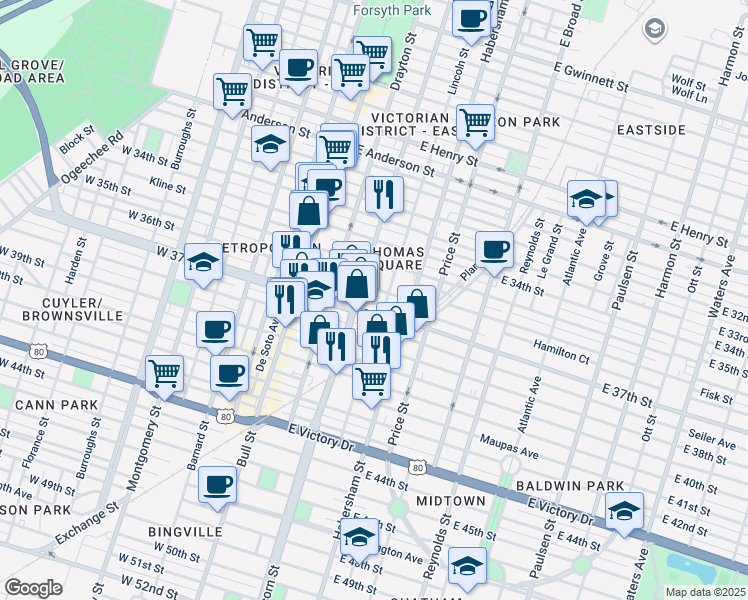 map of restaurants, bars, coffee shops, grocery stores, and more near 222 East 37th Street in Savannah