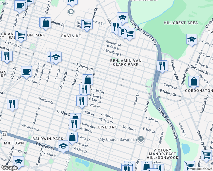 map of restaurants, bars, coffee shops, grocery stores, and more near 1215 East 31st Street in Savannah