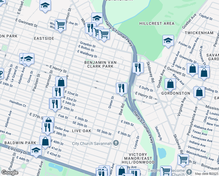 map of restaurants, bars, coffee shops, grocery stores, and more near 1421 East Anderson Street in Savannah