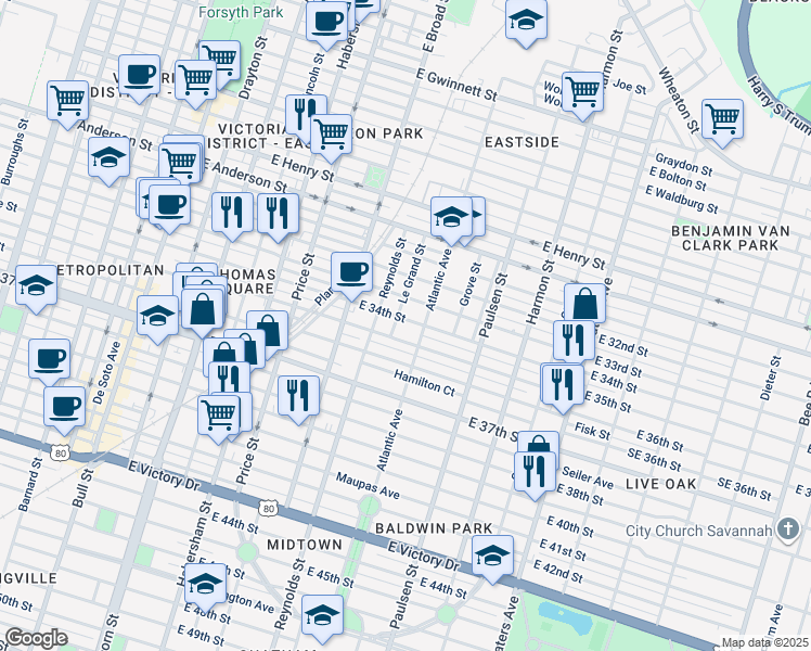 map of restaurants, bars, coffee shops, grocery stores, and more near 638 East 35th Street in Savannah