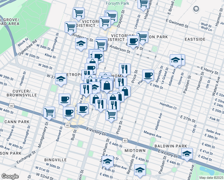 map of restaurants, bars, coffee shops, grocery stores, and more near 212 East 37th Street in Savannah