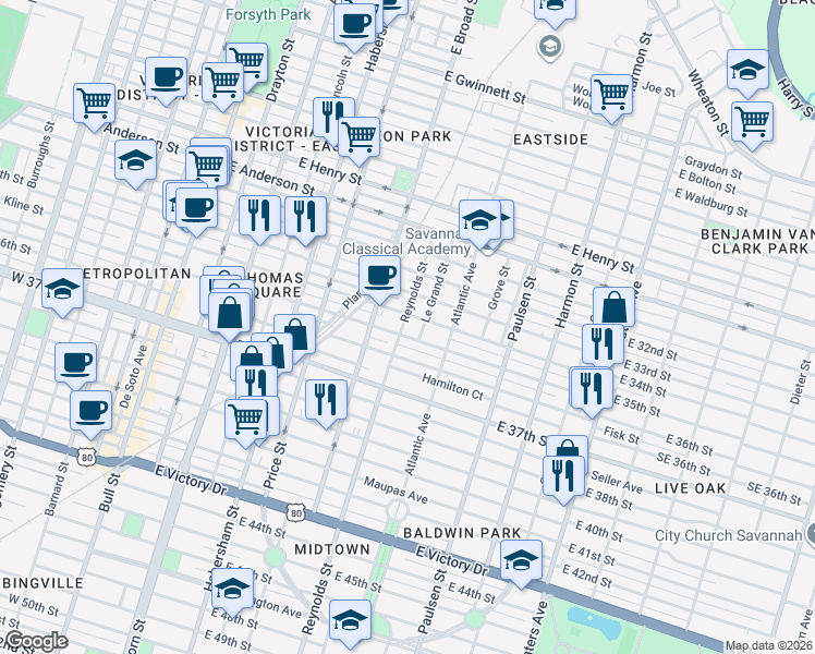 map of restaurants, bars, coffee shops, grocery stores, and more near 638 East 35th Street in Savannah