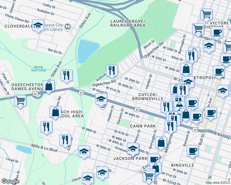 map of restaurants, bars, coffee shops, grocery stores, and more near 919 West 42nd Street in Savannah