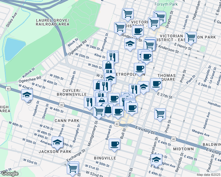 map of restaurants, bars, coffee shops, grocery stores, and more near 2299 Montgomery Street in Savannah