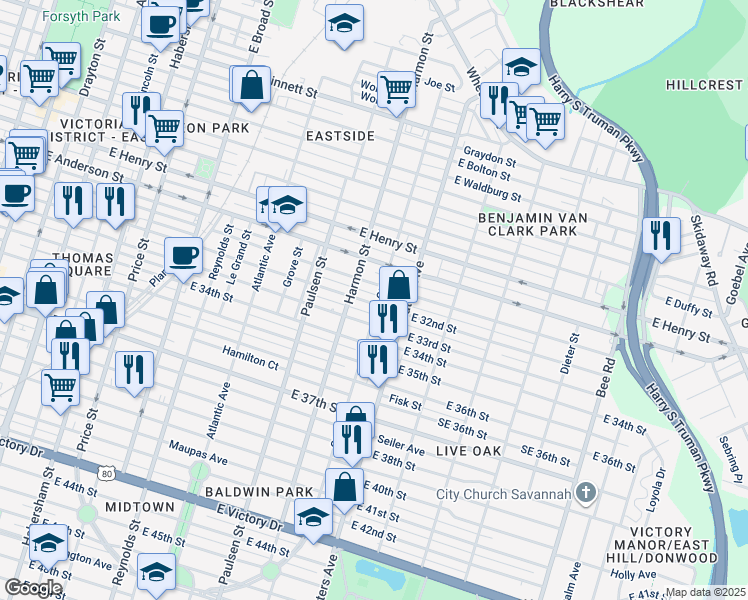 map of restaurants, bars, coffee shops, grocery stores, and more near 1611 Ott Street in Savannah