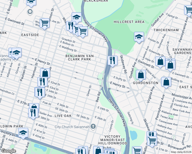 map of restaurants, bars, coffee shops, grocery stores, and more near 1301 Bee Road in Savannah