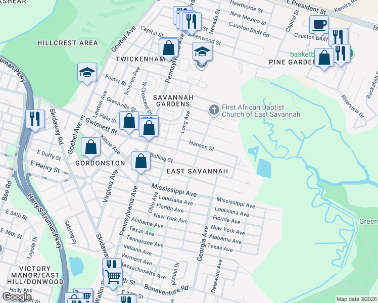 map of restaurants, bars, coffee shops, grocery stores, and more near 2132 Bolling Street in Savannah