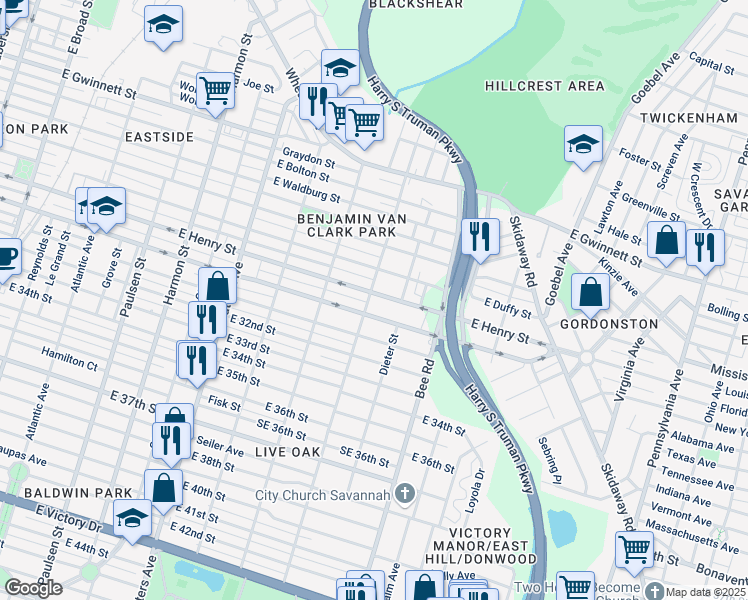 map of restaurants, bars, coffee shops, grocery stores, and more near 1335 East Anderson Street in Savannah