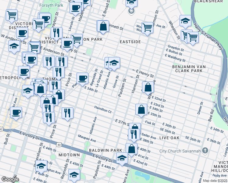 map of restaurants, bars, coffee shops, grocery stores, and more near 1711 Vine Street in Savannah