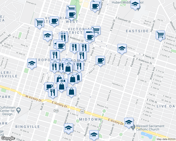 map of restaurants, bars, coffee shops, grocery stores, and more near 421 East 36th Street in Savannah