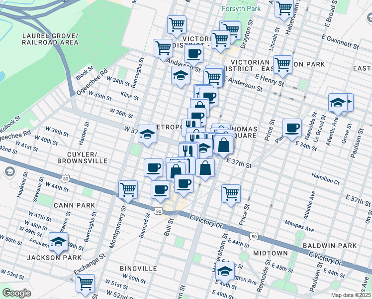 map of restaurants, bars, coffee shops, grocery stores, and more near 2112 Bull Street in Savannah