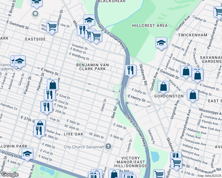 map of restaurants, bars, coffee shops, grocery stores, and more near 1301 Bee Road in Savannah