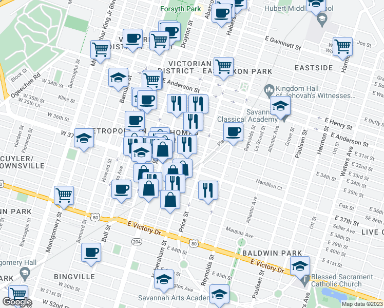 map of restaurants, bars, coffee shops, grocery stores, and more near E 36th St & Habersham St in Savannah