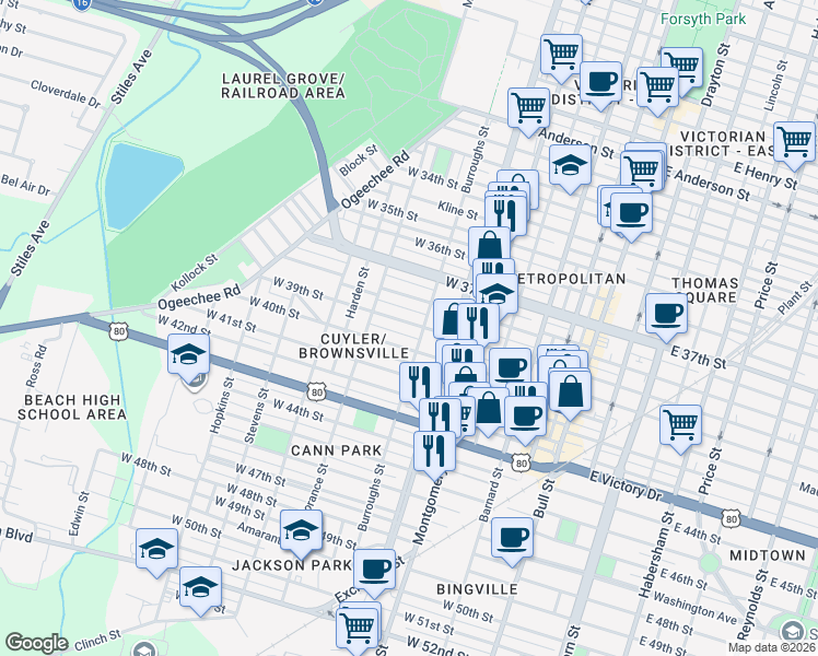map of restaurants, bars, coffee shops, grocery stores, and more near 610 West 40th Street in Savannah