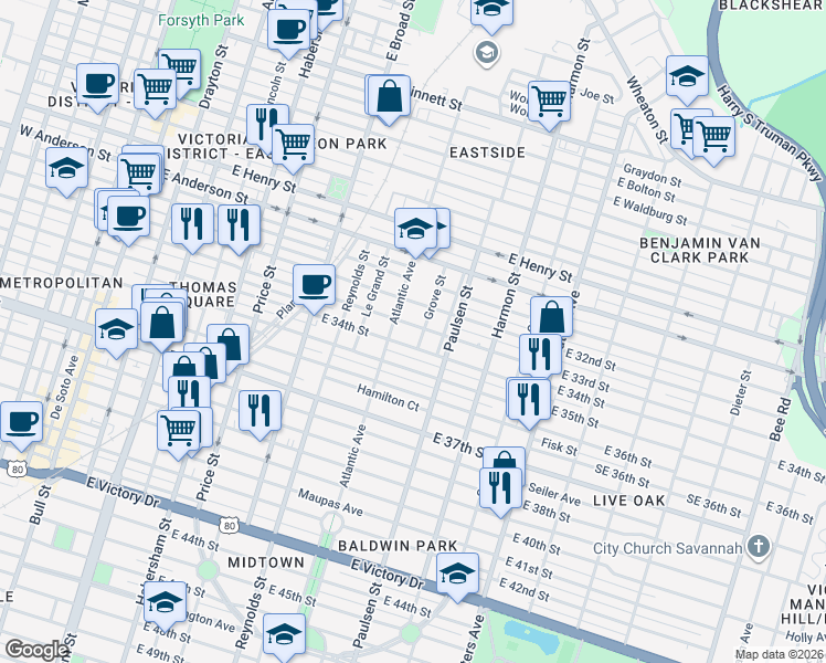 map of restaurants, bars, coffee shops, grocery stores, and more near 705 East 34th Street in Savannah