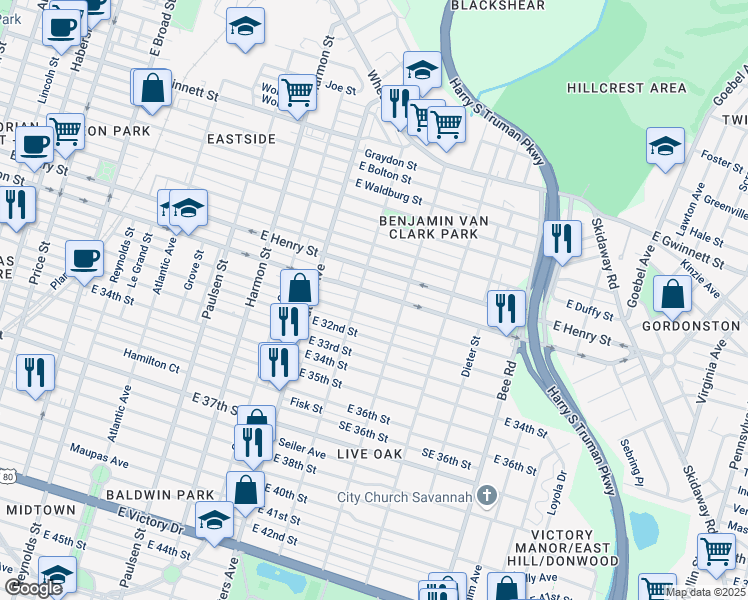 map of restaurants, bars, coffee shops, grocery stores, and more near 1215 East 31st Street in Savannah
