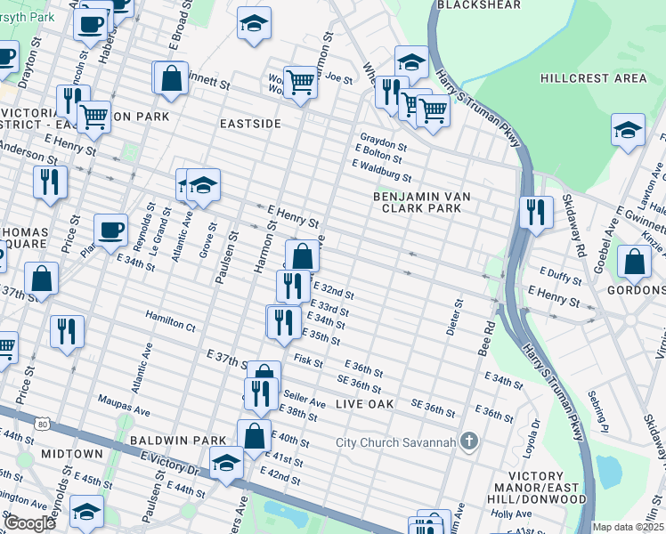 map of restaurants, bars, coffee shops, grocery stores, and more near 1126 East 32nd Street in Savannah