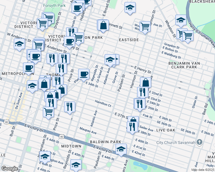 map of restaurants, bars, coffee shops, grocery stores, and more near 705 East 34th Street in Savannah