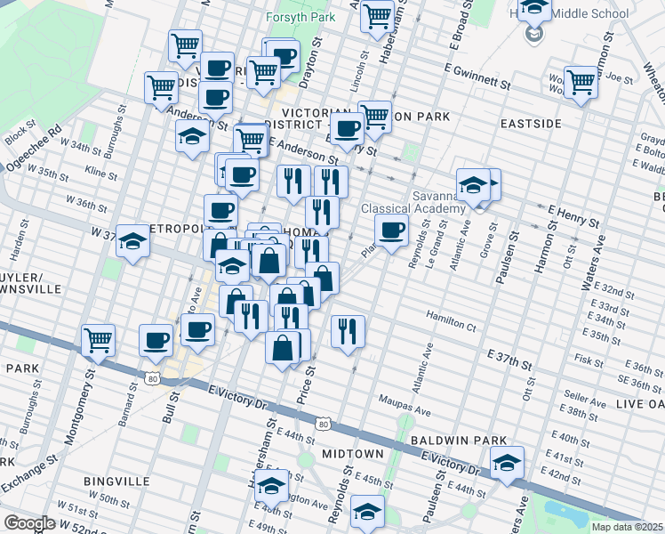 map of restaurants, bars, coffee shops, grocery stores, and more near 421 East 36th Street in Savannah