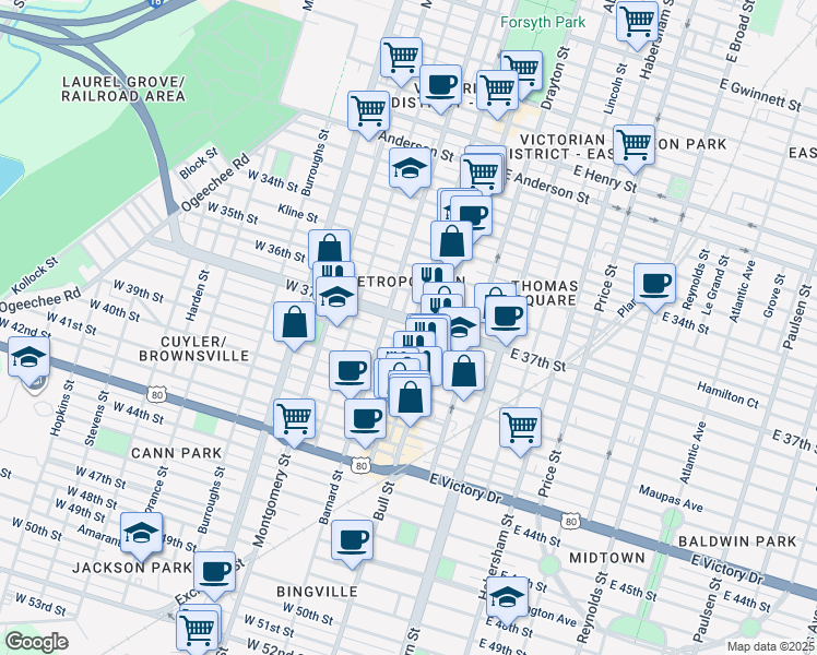 map of restaurants, bars, coffee shops, grocery stores, and more near 2215 Whitaker Street in Savannah