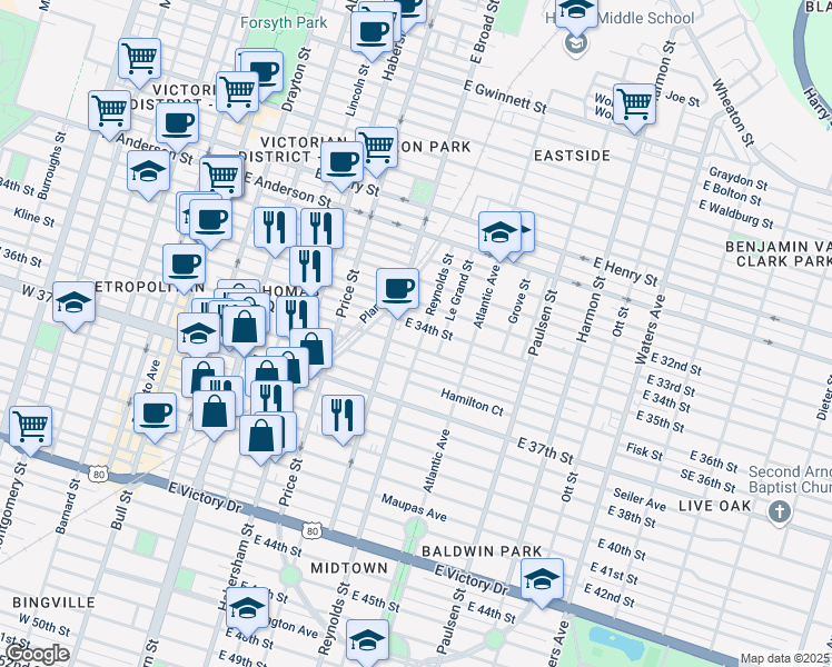 map of restaurants, bars, coffee shops, grocery stores, and more near 1905 Reynolds Street in Savannah
