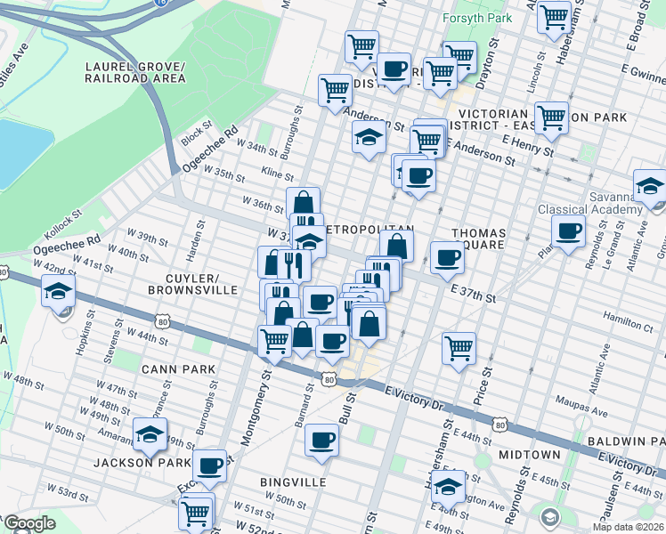 map of restaurants, bars, coffee shops, grocery stores, and more near 212 West 39th Street in Savannah