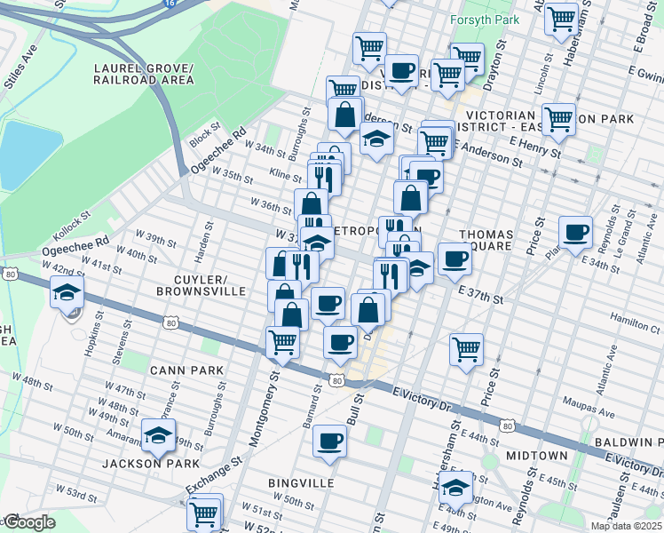 map of restaurants, bars, coffee shops, grocery stores, and more near 303 Georgia 204 in Savannah